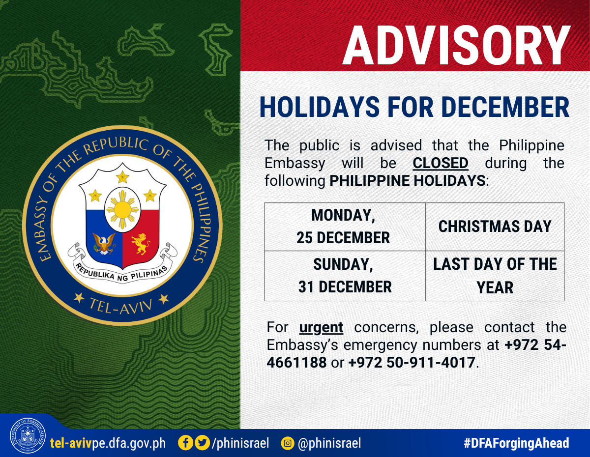 ADVISORY embassy CLOSURE DECEMBER