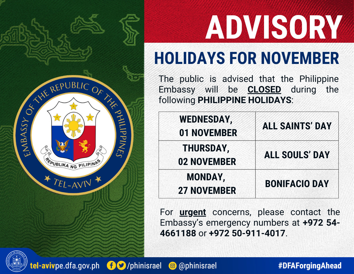 ADVISORY embassy CLOSURE NOVEMBER 2023